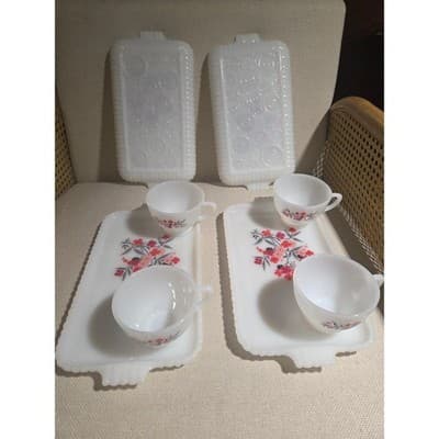 Vintage Fire-King Primrose Milk Glass Snack Set 4 Plates & 4 Cups 8pc Lot MCM