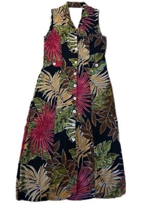 Vintage Long Floral Boho Sundress Earthy Green Tan Leaf Halter Soft Flowy Rayon