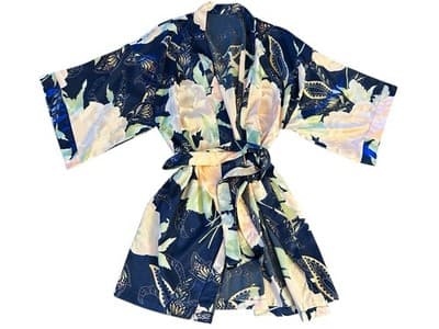 Vintage Satin Shiny Bell Angel Sleeve Kimono Robe Peach/Blush & Blue Floral