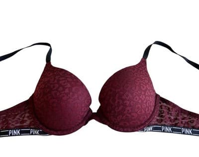 Victorias Secret Burgundy Wine Pink Logo Push Up Bra 32C Lace Cups Lingerie