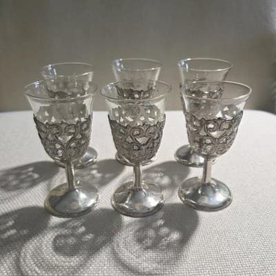 Vintage Silver Plated Filigree Cordial Glasses Removable Glass Insert Set of 6