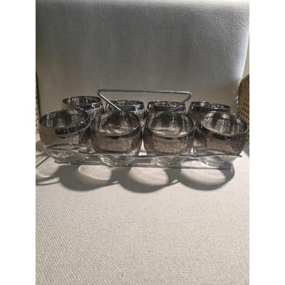 Vintage Silver Fade Roly Poly Glasses Embossed Grape Caddy Set of 8 MCM Barware