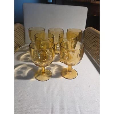Set of 7 Vintage Bartlett Collins Amber Thumbprint Goblets 6.25" Water Glasses