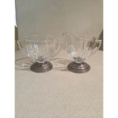 Vintage Saben Glass Creamer & Sugar Bowl Set Weighted Sterling Silver Bases