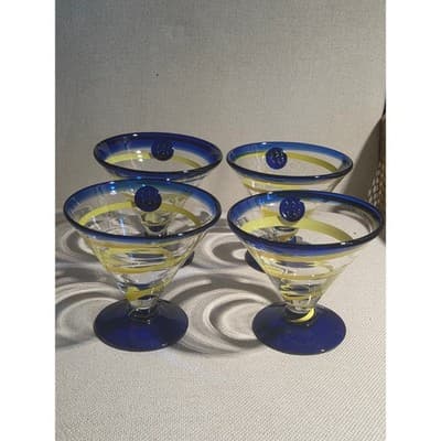Lot of 4 Kosta Boda Royal Caribbean Martini Glasses Blue Swirl AS IS Fleabites