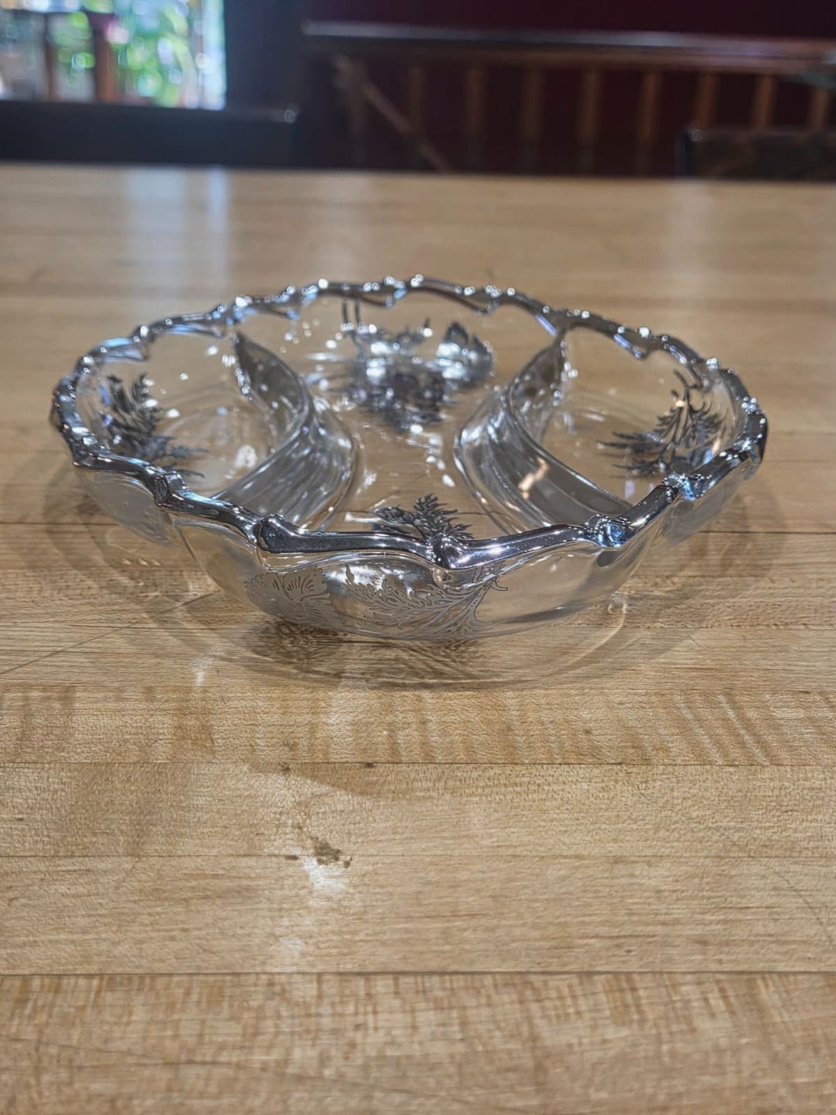 Vintage Divided Glass Serving Dish With Silver Floral Overlay 7.5 Inches Elegant