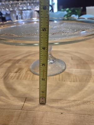 Vintage Jeannette Glass Harp Lyre Pedestal Cake Stand Gold Trim 10 Inch 1950s