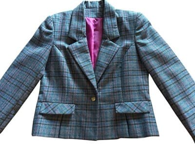 Vintage Gray Blue Wool Fitted Jacket Skinny Fit Collegiate Pink Plaid Preppy