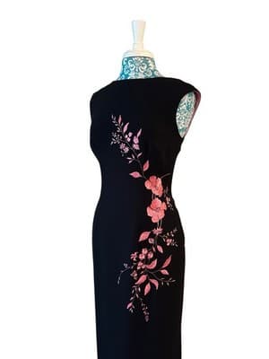 Vintage Y2K Black & Pink Embroidered Flowers Maxi Sheath Dress Glam Evening Prom
