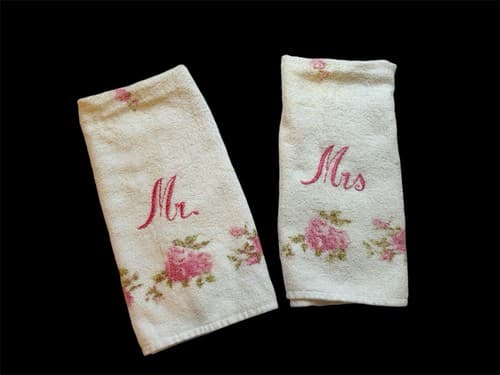 Vintage Embroidered Pink Hand Towel Mr. & Mrs. Shabby Chic Set Husband Wife