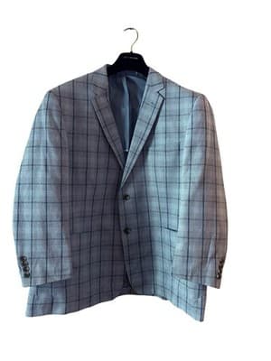 50” Blue Windowpane Check Double Vent Old Money LINEN Men’s Sports Coat Blazer