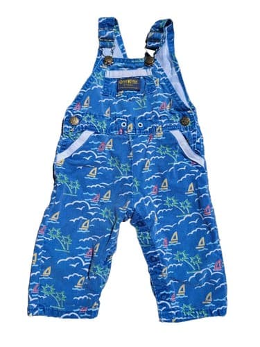 Vintage Baby OshKosh B’gosh Long Overalls Blue Sailboats Palms Beach Size 12mo