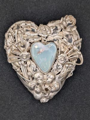 1905-1915 Ornate Silver Heart Brooch Pin & Large Natural Opal Arts & Crafts Era