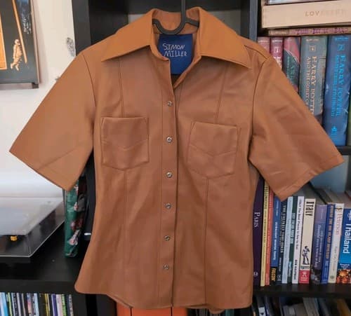 SIMON MILLER Vegan Leather Button Up Shirt Women's Pocket Small S Designer Camel