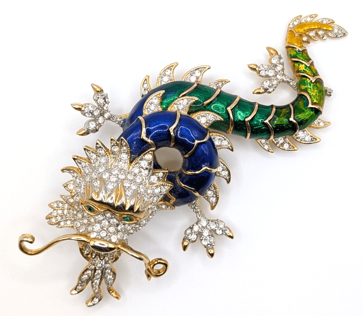 1960s Unsigned Butler & Wilson Enameled Rhinestone Dragon Brooch 5"