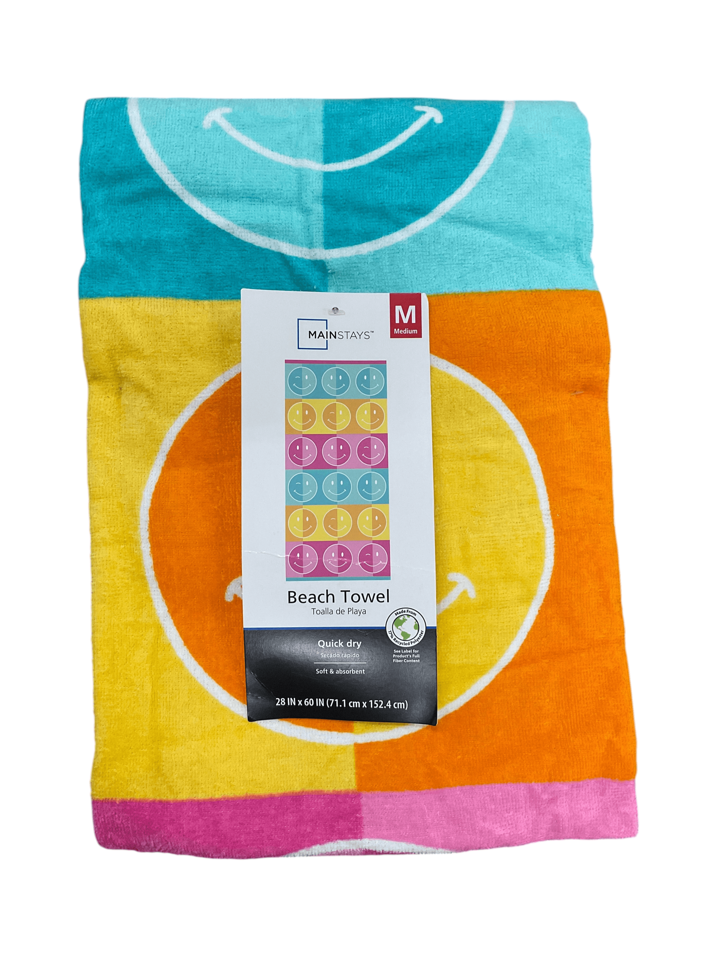 Mainstays Smiley Face Beach Towel 28x60 Quick Dry
