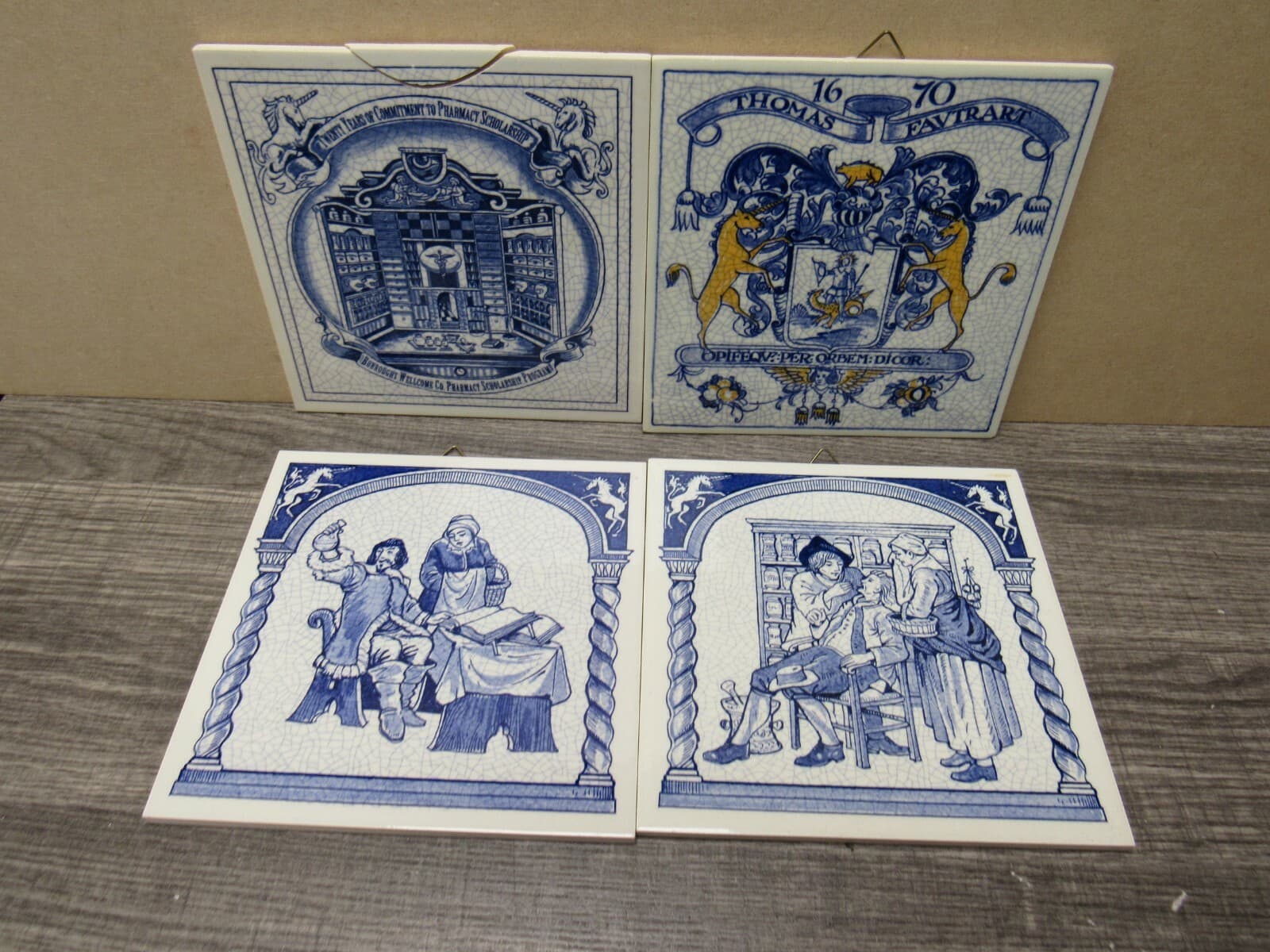 LOT OF 4 Vintage BLUE DELFT Holland Pharmacy Tiles (3)