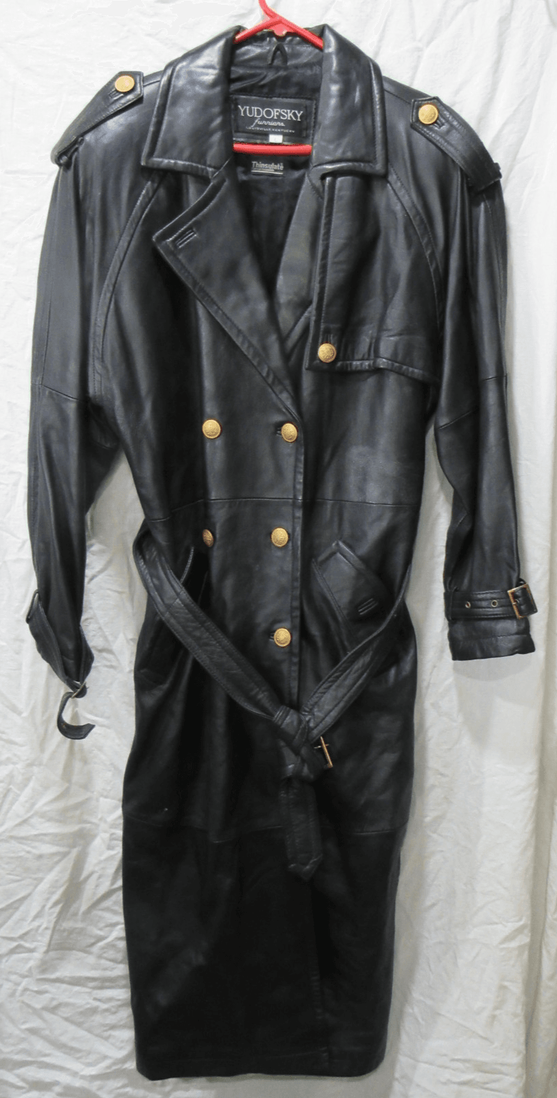 Womens Yudofsky Furriers Louisville, KY Long Naval Trench Leather Coat Sz L I8K
