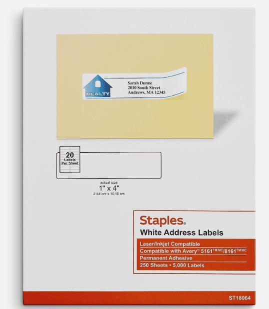 Staples Laser/Inkjet Address Labels 1" x 4" Bright White 5000 Labels (S30K)
