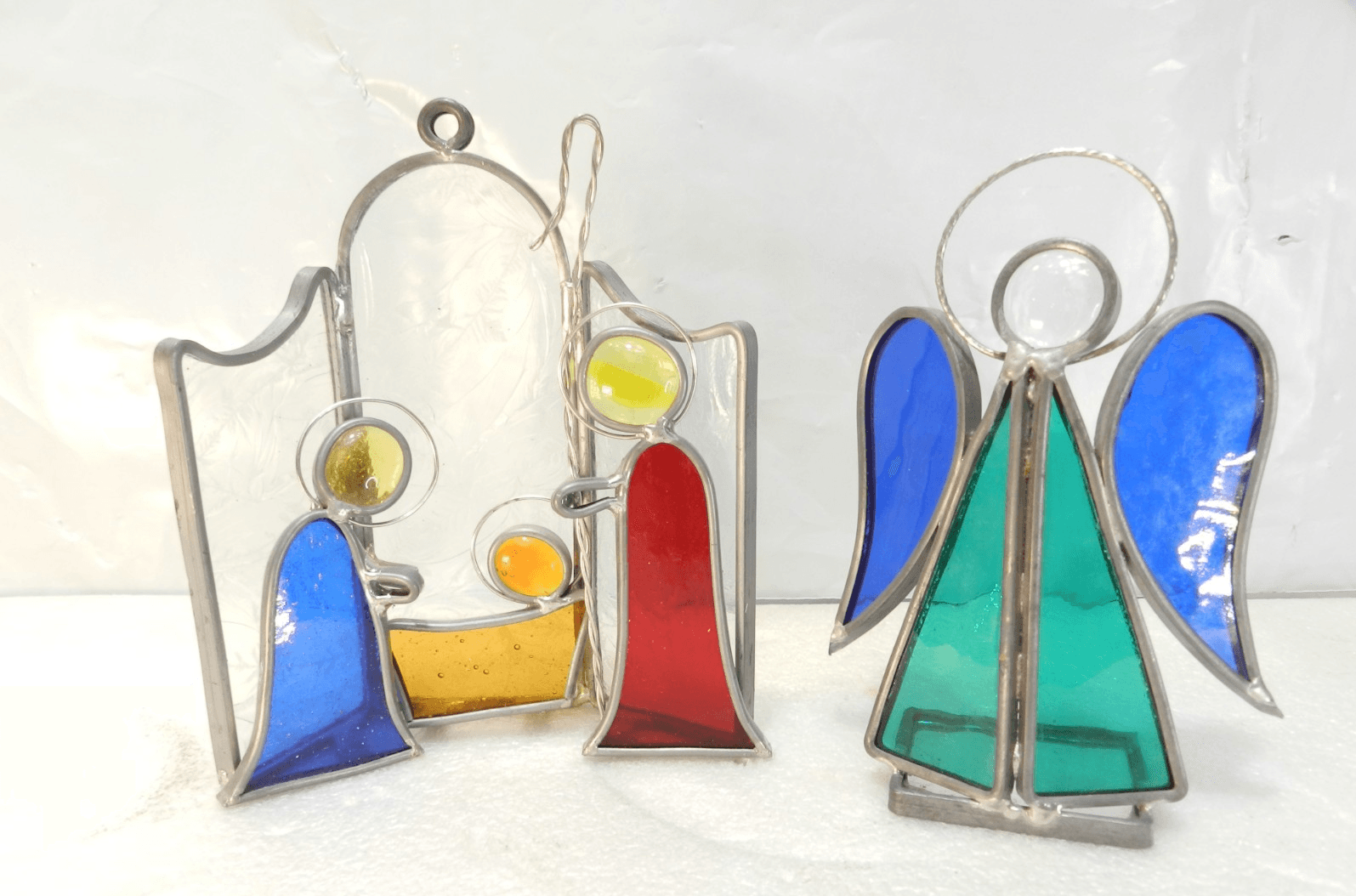 Vintage Stained Glass Nativity Scene Christmas Mary Joseph Jesus Angel (Y33M)
