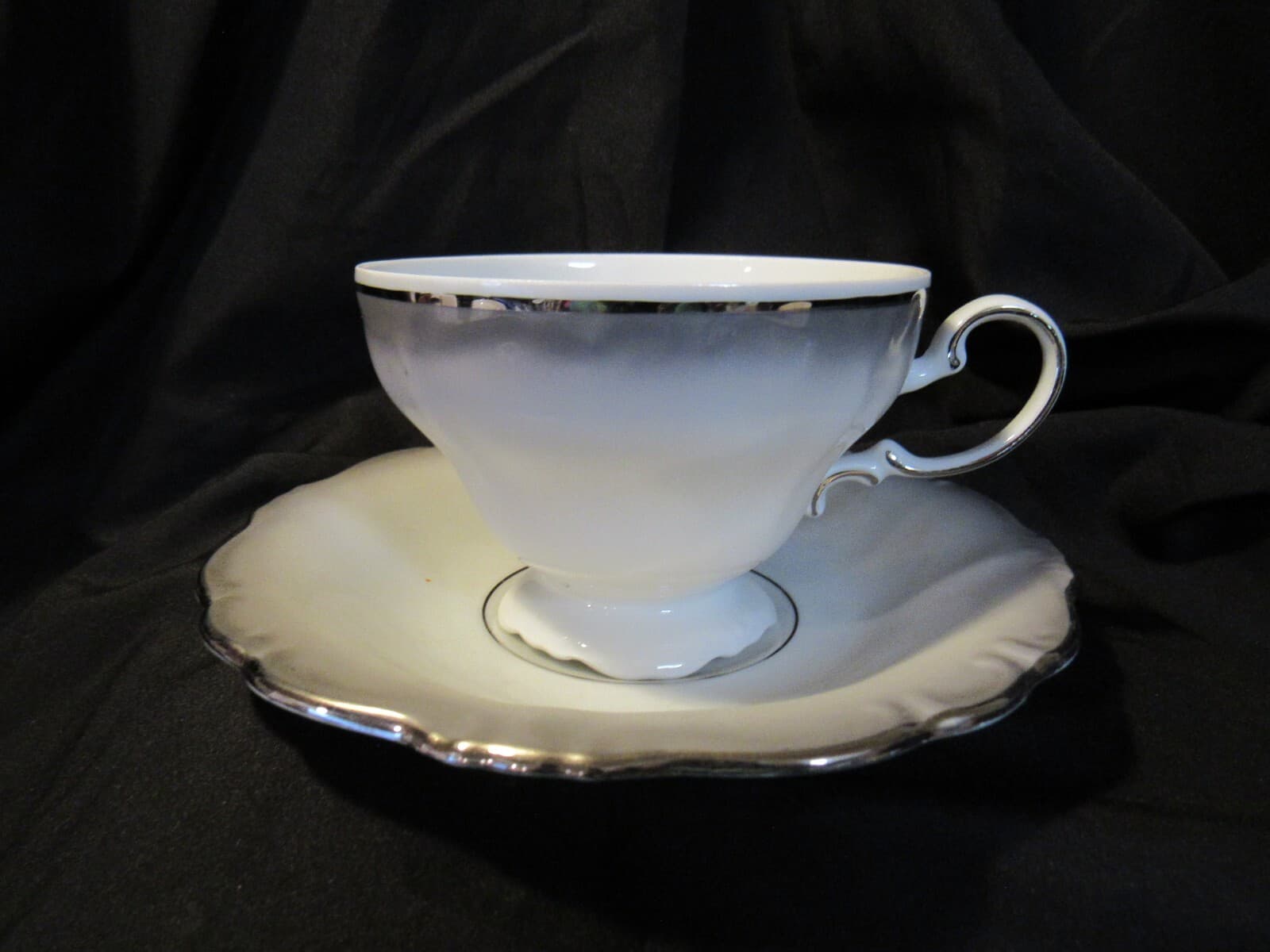 Footed Cup & Saucer Set Platinum Baroque J HAVILAND White Gray w Silver Trim