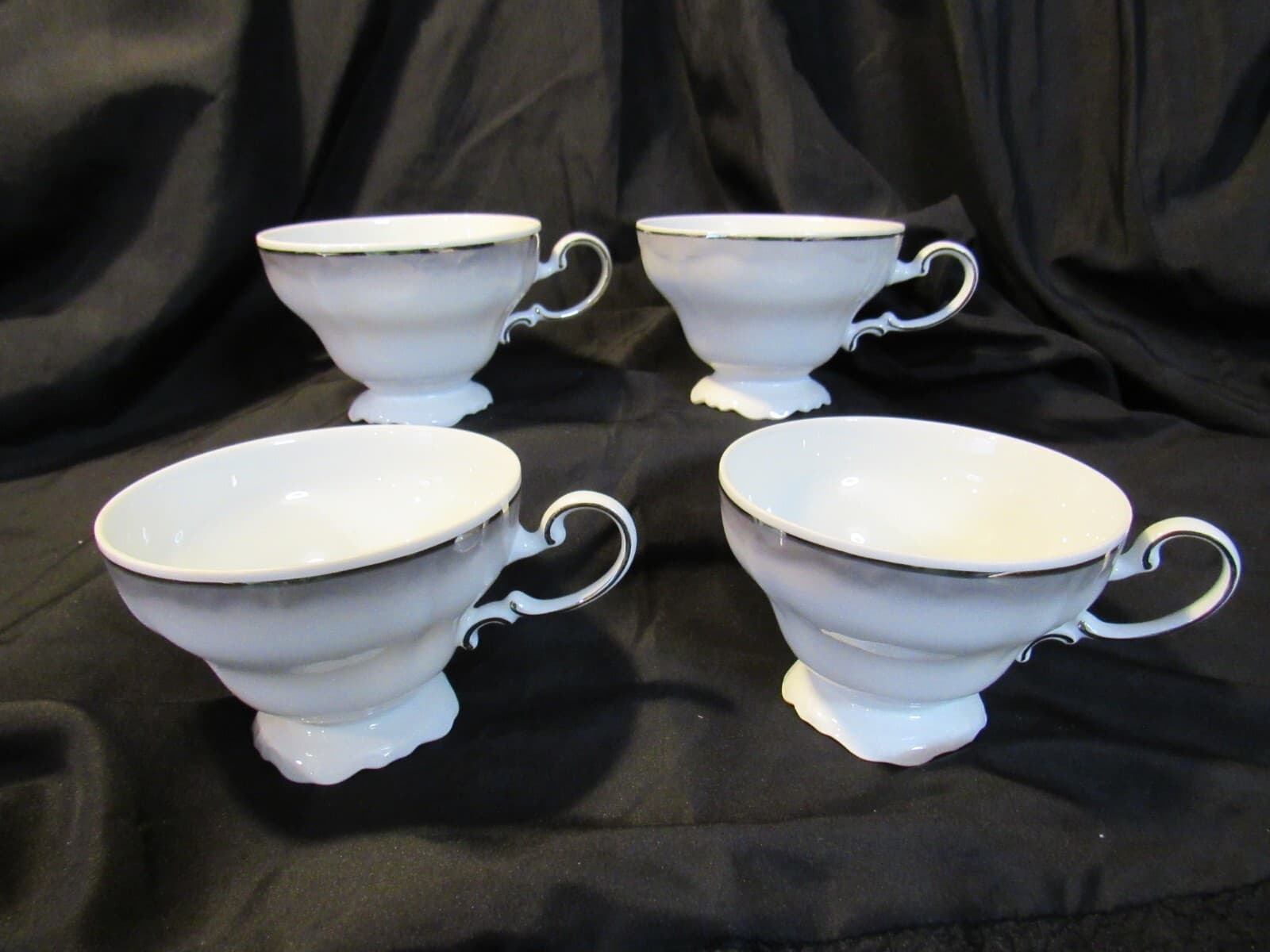 (4) Footed Coffee Cups Platinum Baroque J HAVILAND White Gray w Silver Trim G7J