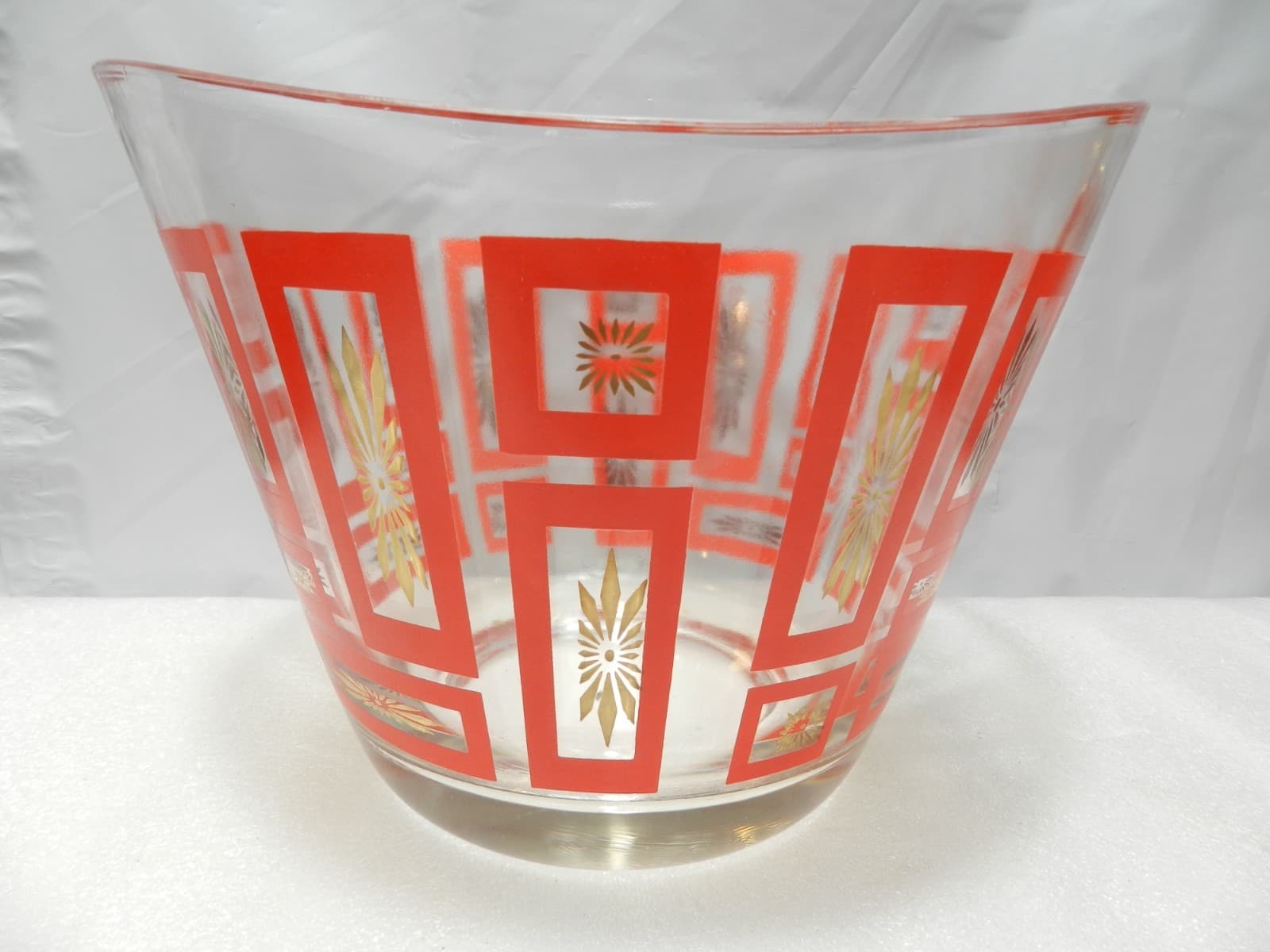 1950's Jeannette Atomic Red &Gold Starburst Ice Bucket /Punch Bowl Retro E93JJ
