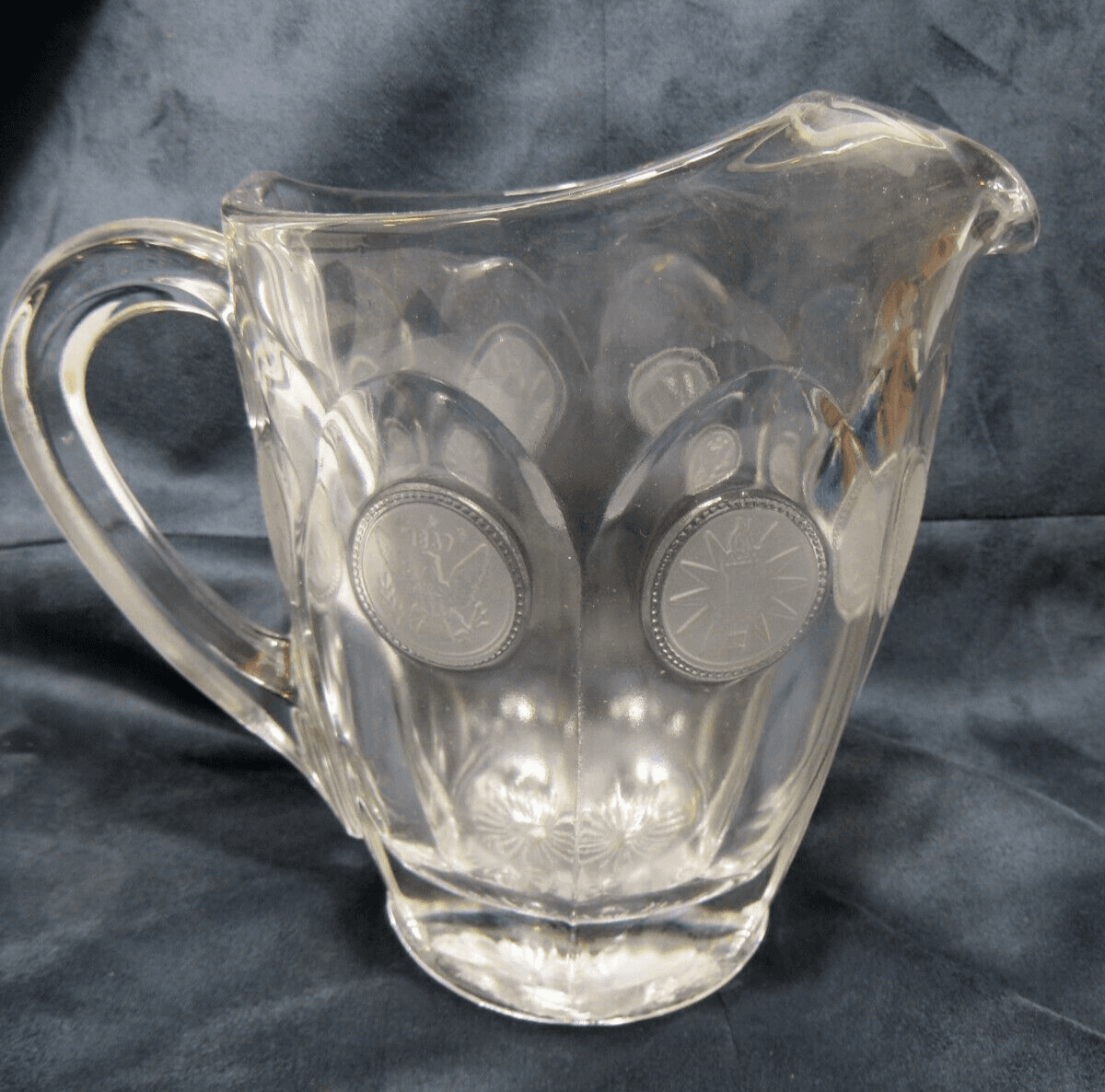 Vintage Fostoria Frosted Coin Clear Glass Pitcher 32oz Eagle & Torch Coins (O11M