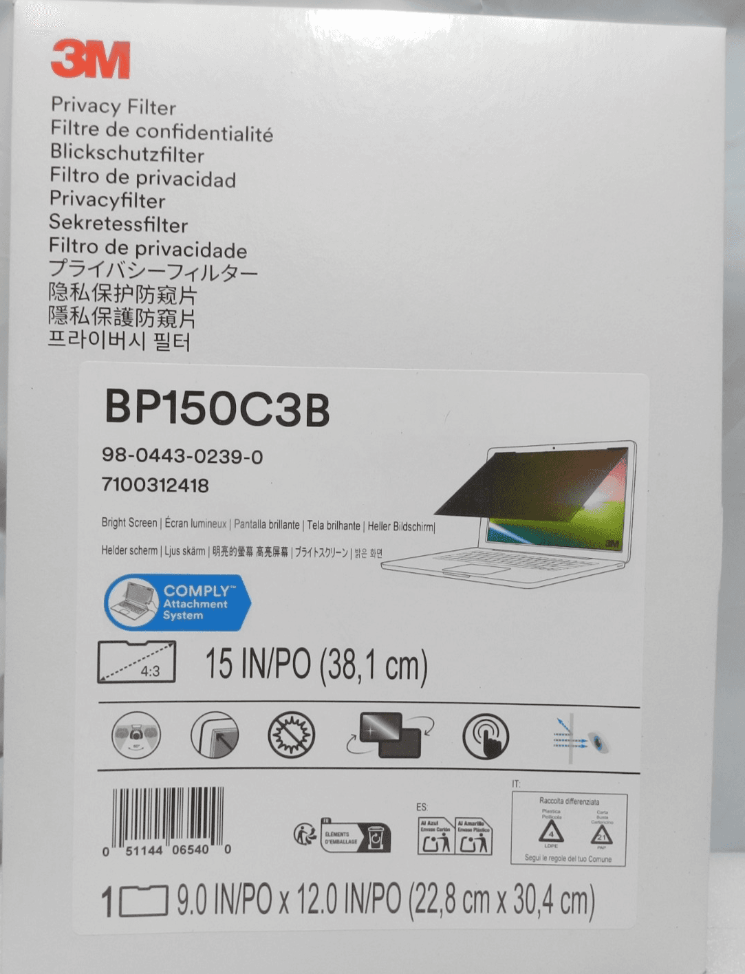 3M Privacy Blackout Frameless Privacy Filter 15" Notebook Monitor PF150C3B (E98K