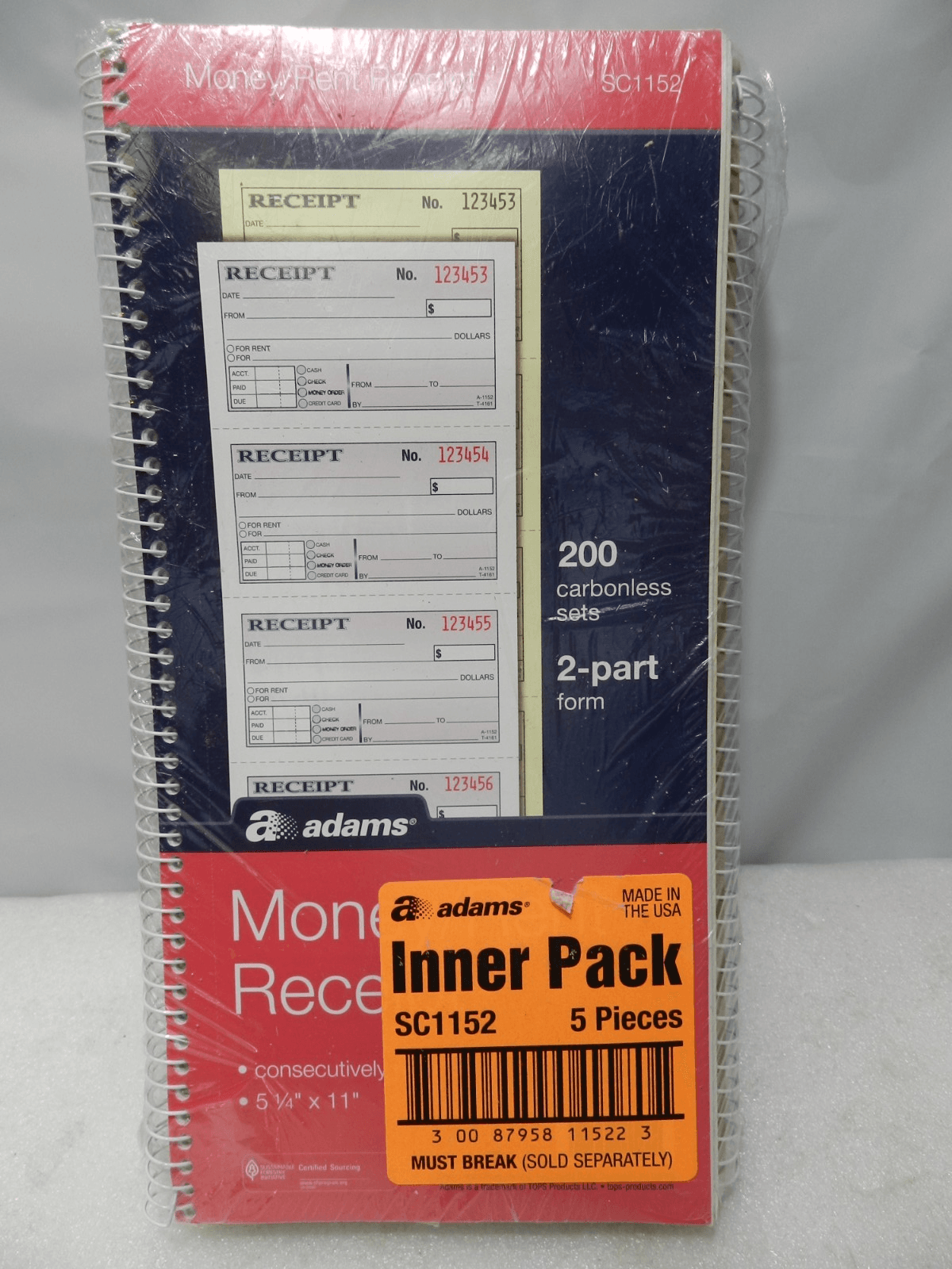 Adams SC1152 Carbonless Receipt Book 5 1/4" x 11" 2-Part - 5 NEW BOOKS (L9K)