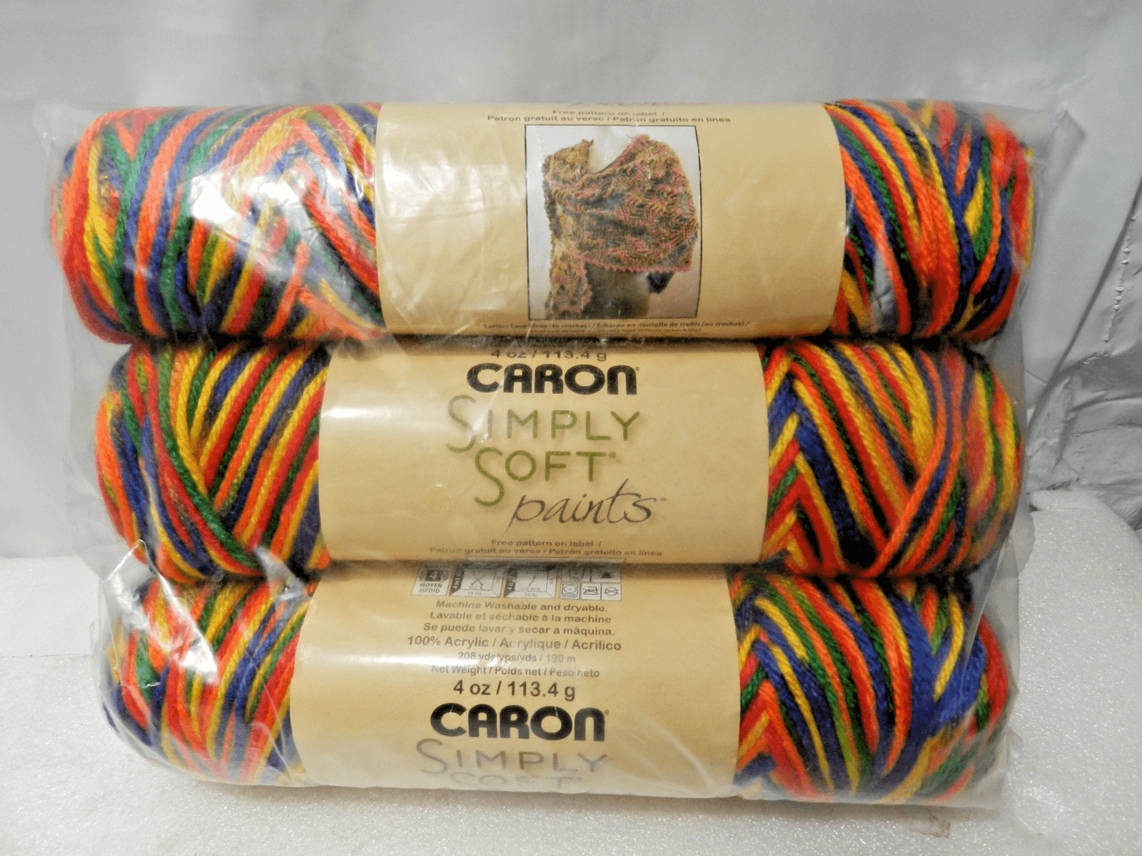 3 Caron Simply Soft Paints Yarn RAINBOW BRIGHT Red Yellow Blue Orange Green L8K