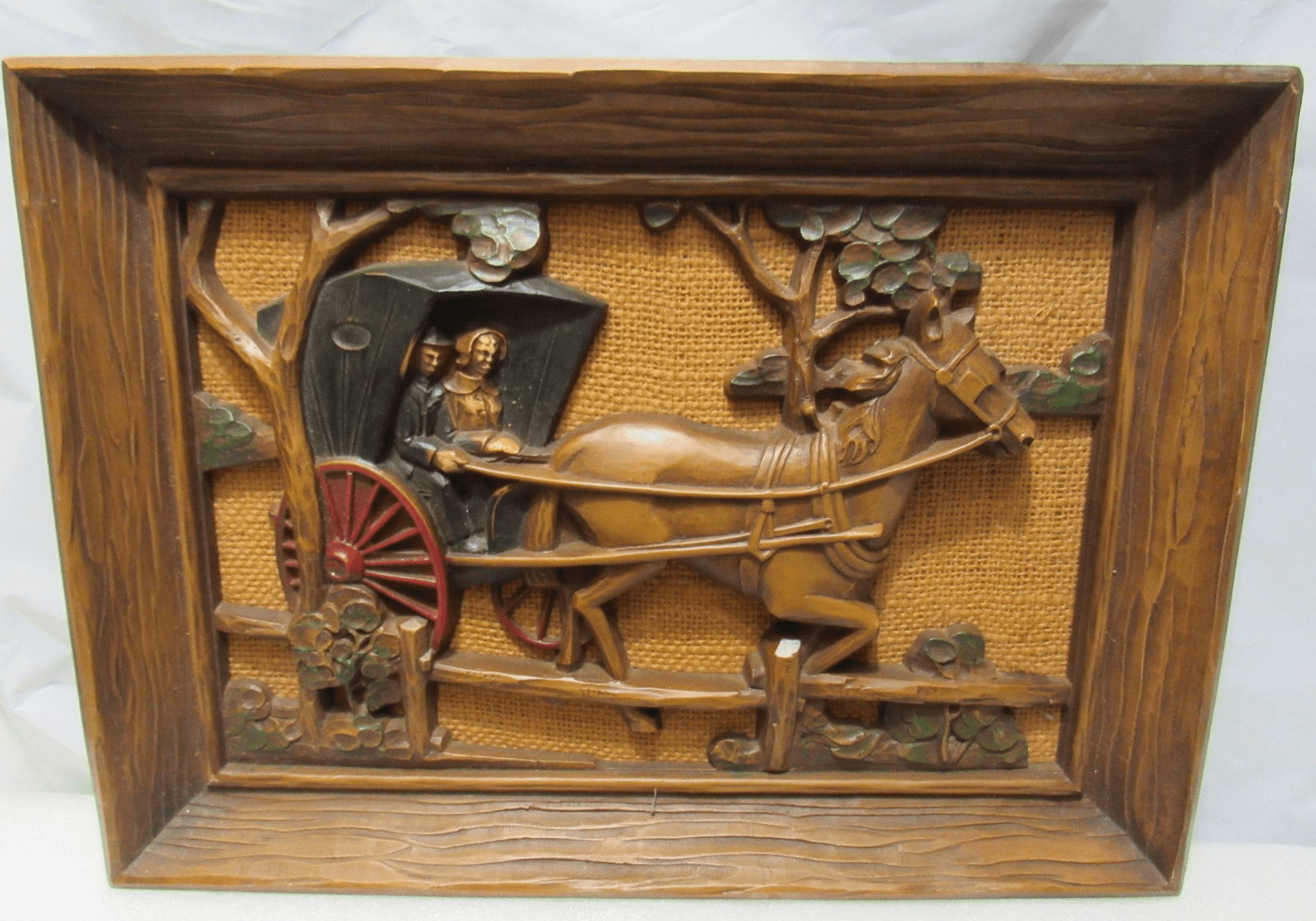 Vintage Syroco Wall Plaque Horse Drawn Carriage 3D F6J