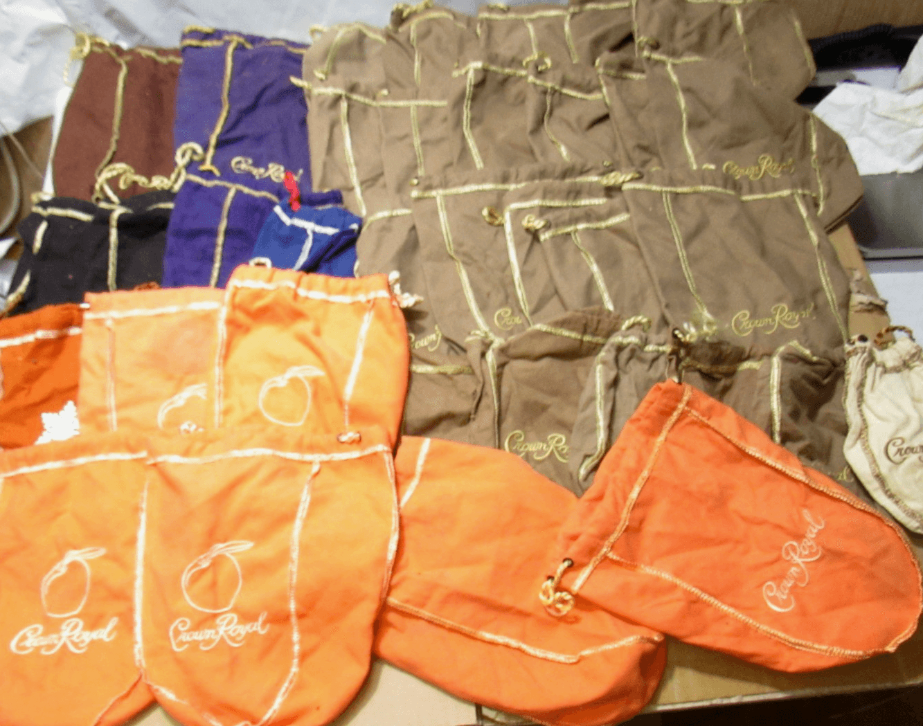 34 Mixed Crown Royal Bags Various Colors/Sizes Peach Snowflake Tan Blk (F4J)
