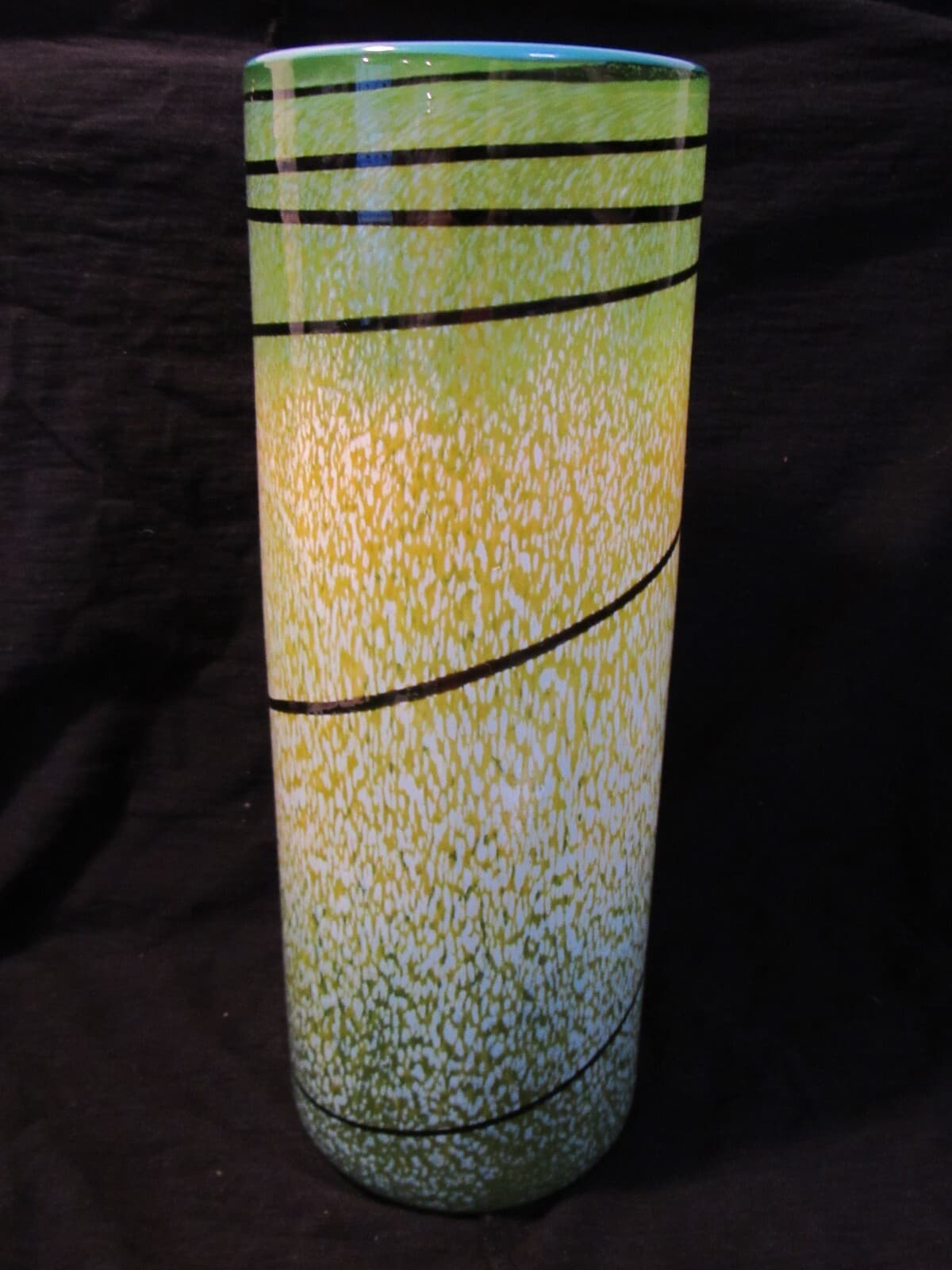 Taylor Backes Hand Blown Art Glass Cylinder Swirl Vase Green Yellow 11" U65S