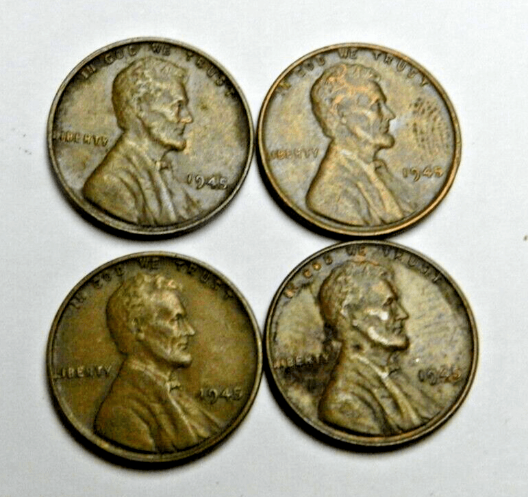4 - 1945 No Mint Mark Wheat Penny Circulated Unpolished/Ungraded M32K