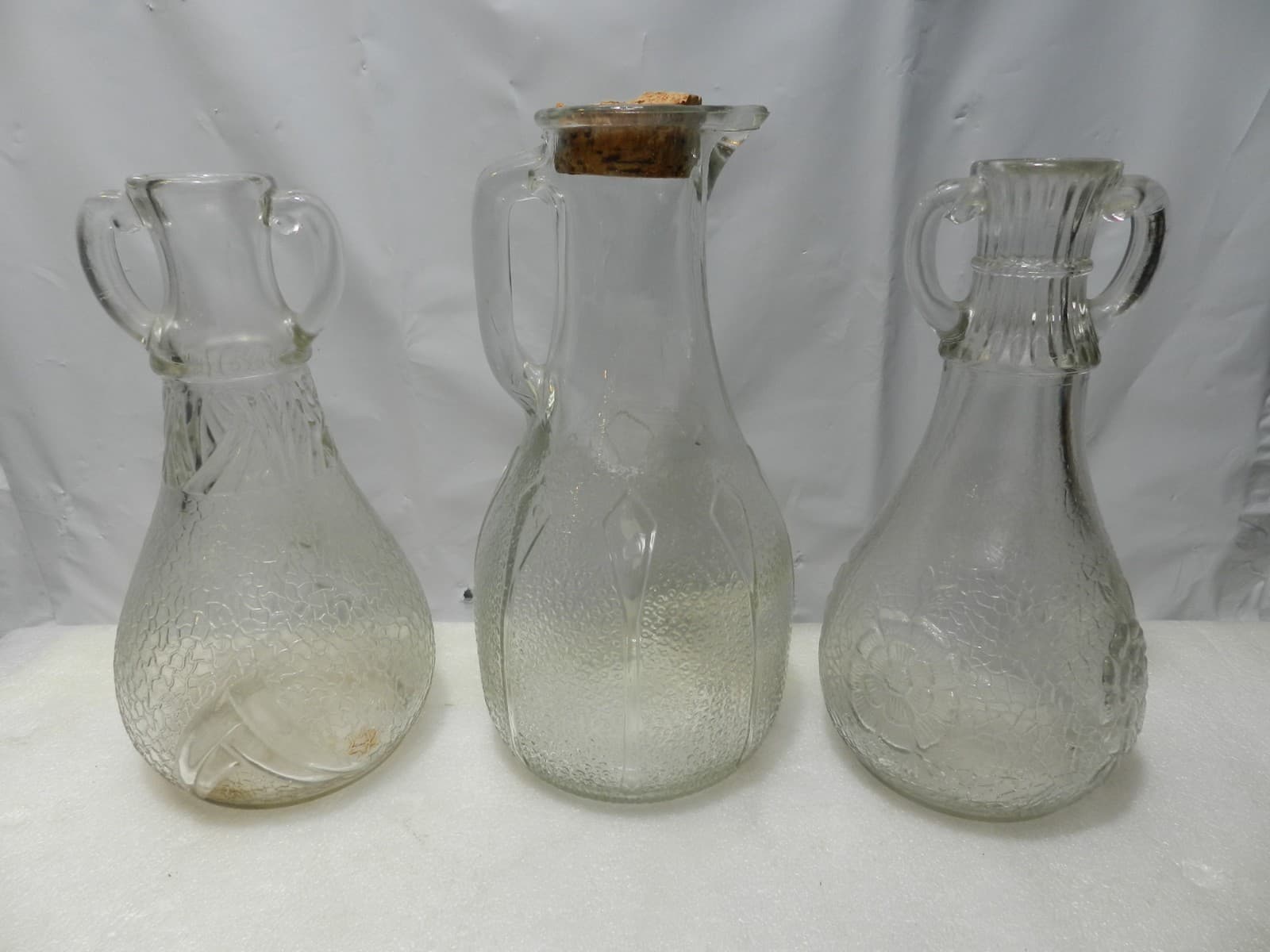 3 Vintage Whitehouse Vinegar Bottle Crackle Glass & Flower 1960s glass (C95J)