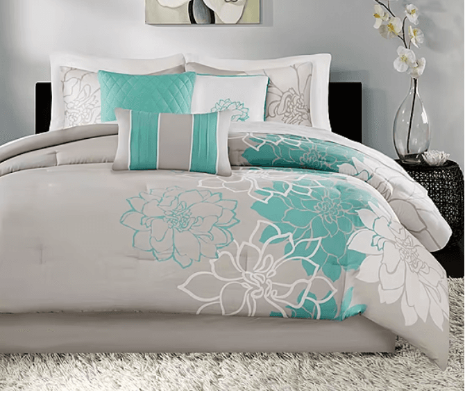 New Madison Park Lola 2 pcs Floral Geometric Comforter Set Queen Aqua Gray i82M