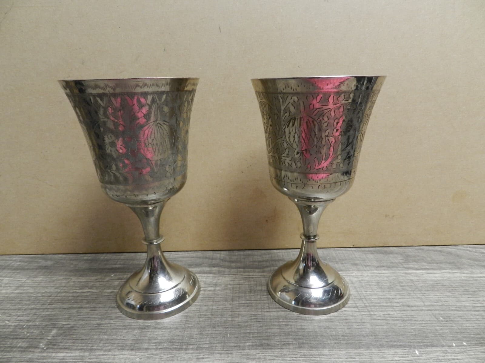 Set 6 Vintage ZY India World Gift Silver Plate Brass Wine Goblet K3