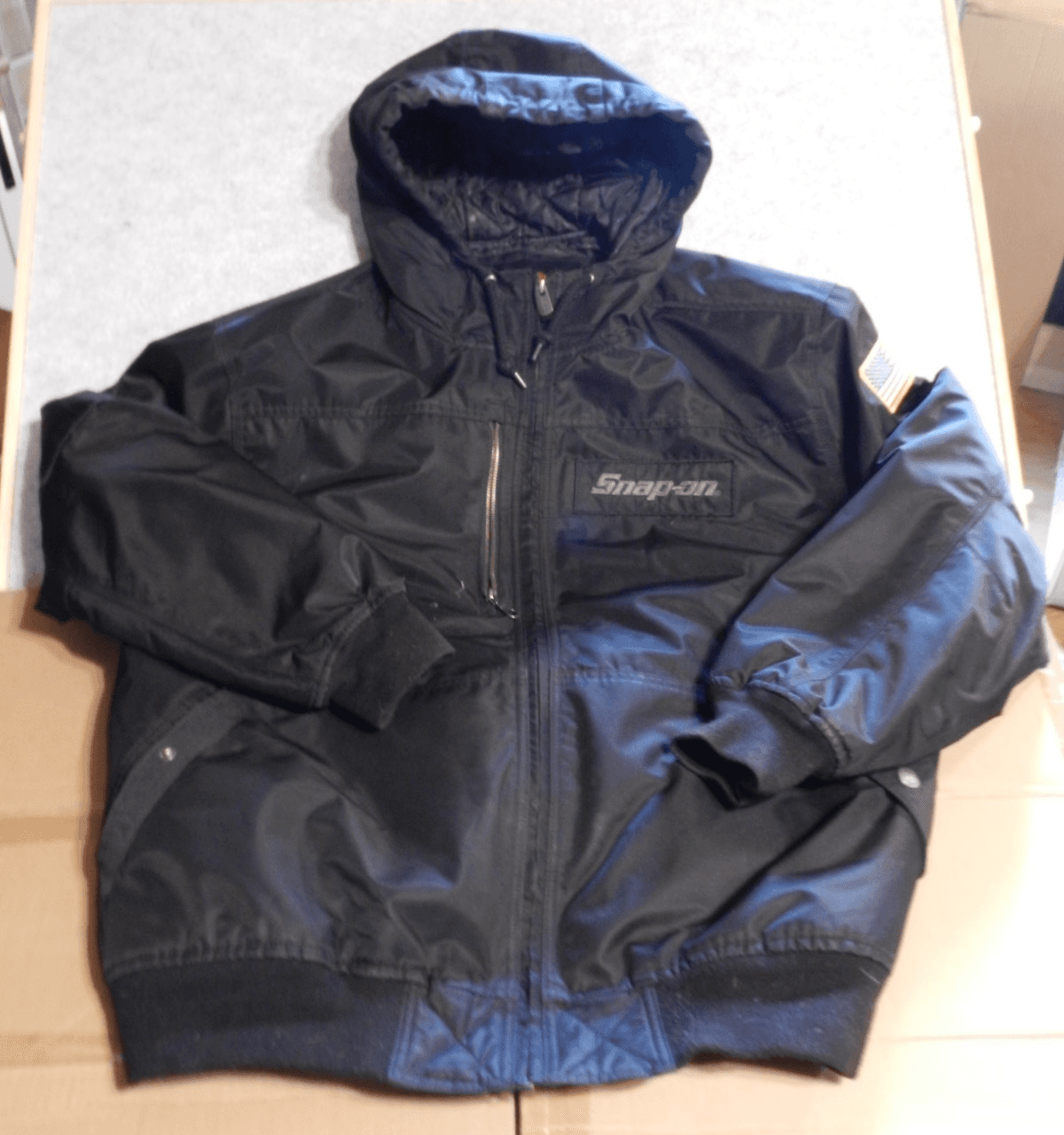 Snap-on Black Unisex Hooded Work Jacket American Flag Patch Qulited XL H25M
