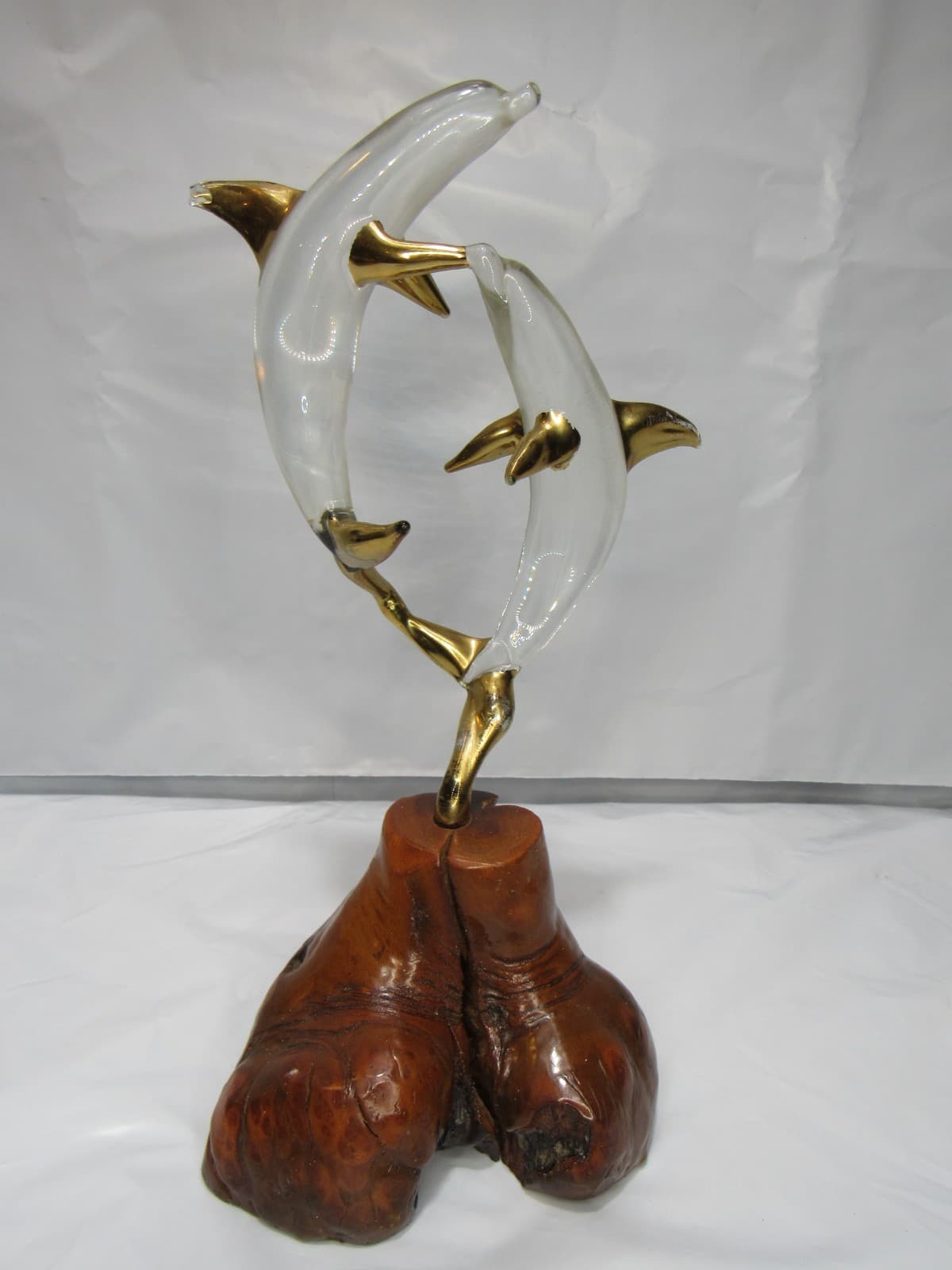 Glass Double Dolphins 22KT Gold Fins Burled Wood (S67M)