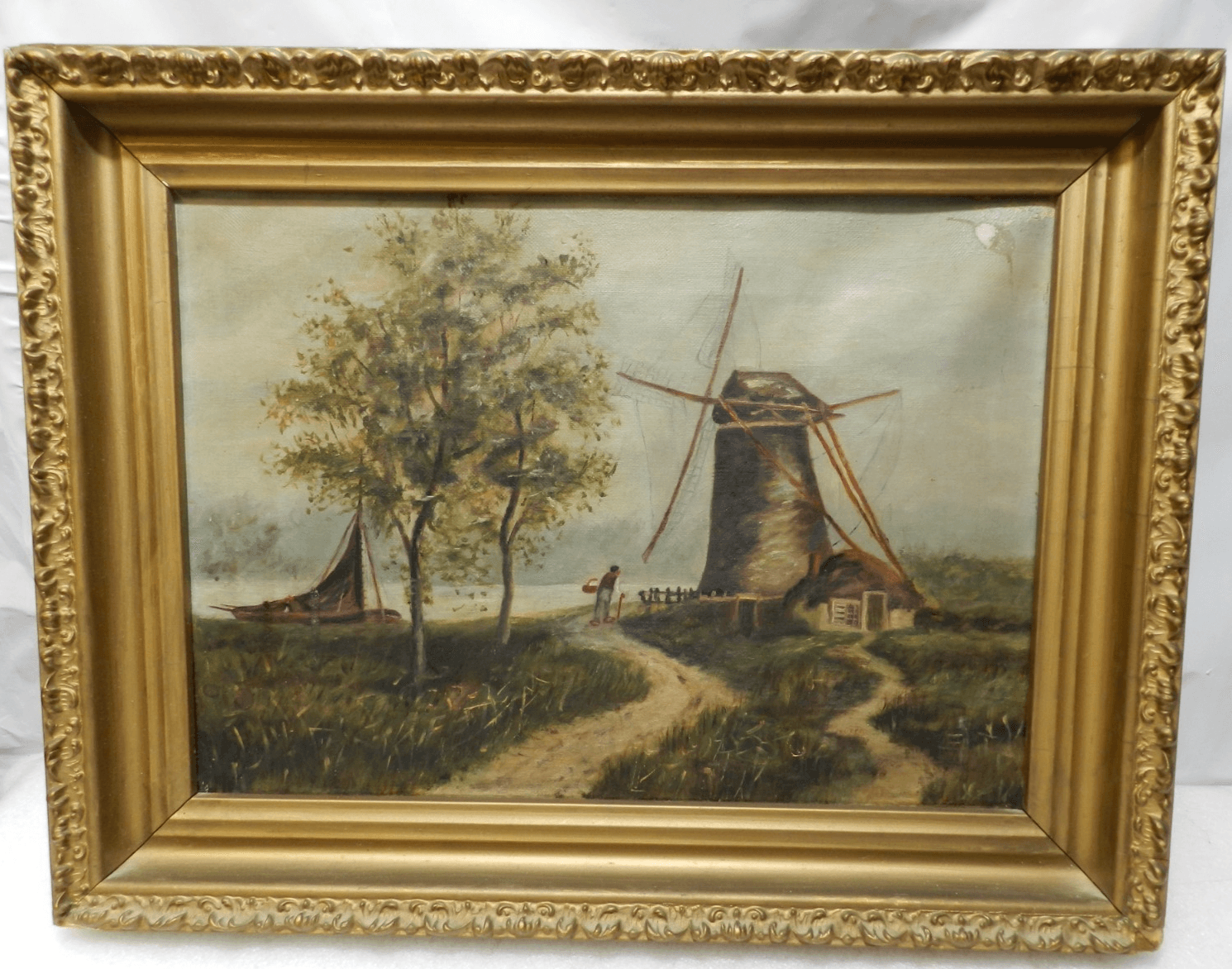 Dutch School Oil on Canvas Painting 1880 - 1920 Dutch Windmill Pro Framed (L74S)