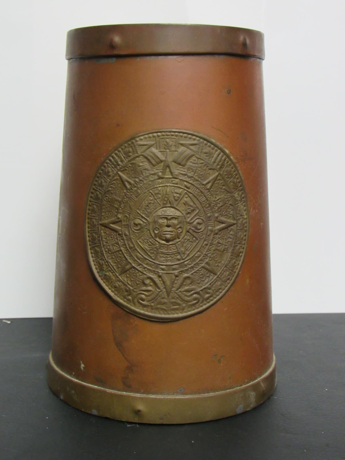 Vintage Brass/Copper MUG AZTEC Calendar Sun God Dial Beer Stein (J)