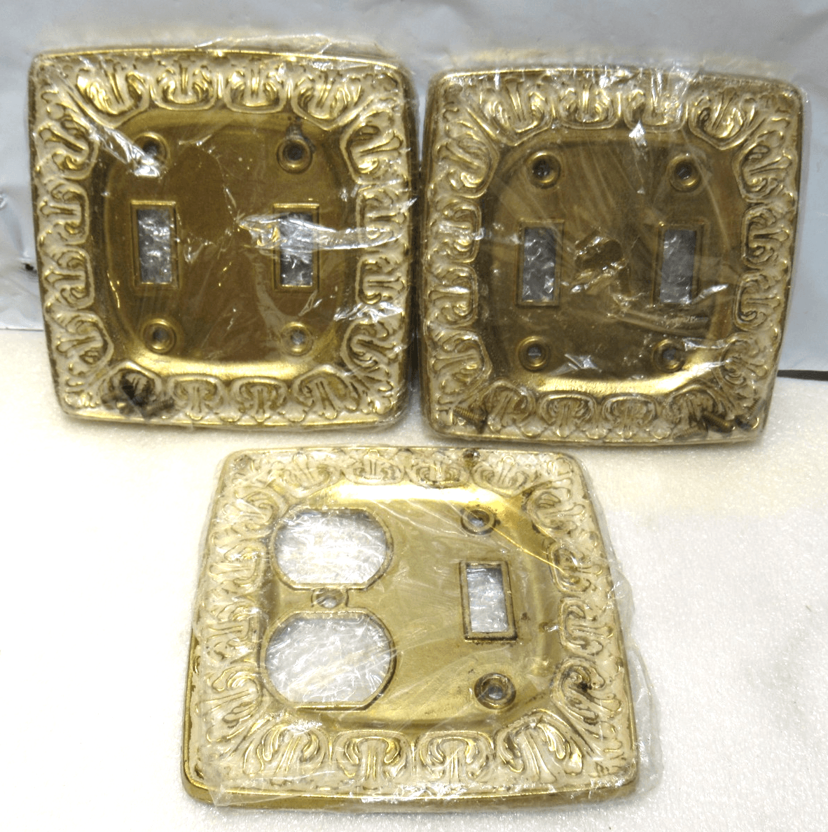 3 Vintage Mid Century Brass Double Light Switch / Outlet Plates Gold 5" (Z27J)
