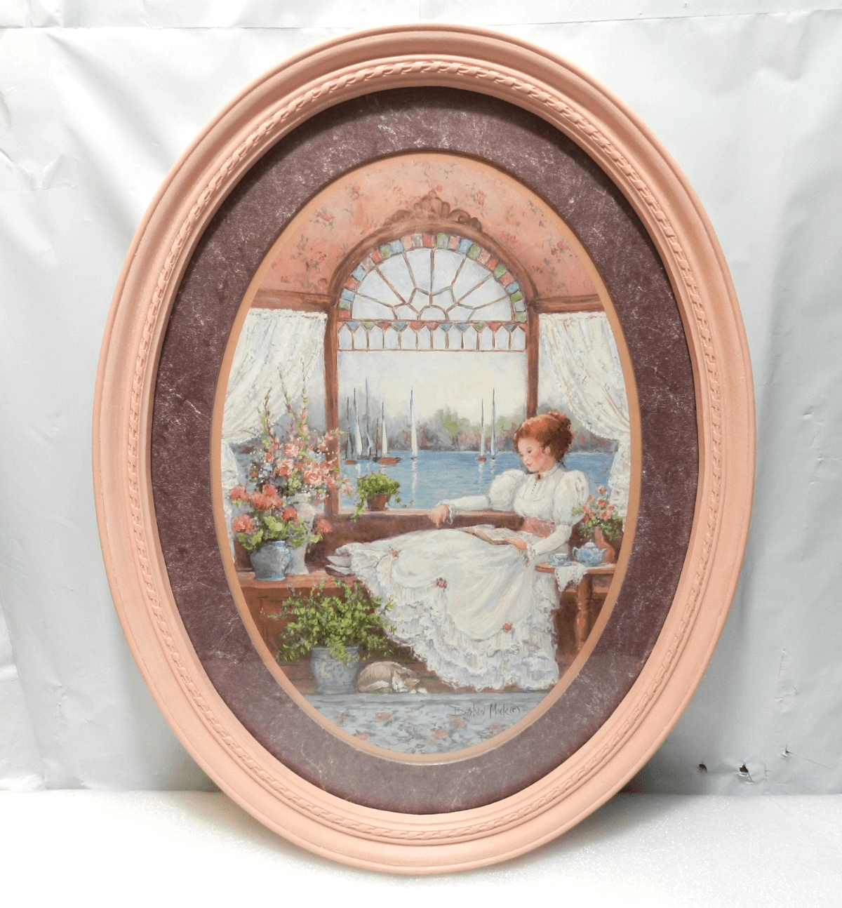 Vintage Home Interiors "Lady in the Window" Oval Wall Picture Pink Frame D83J