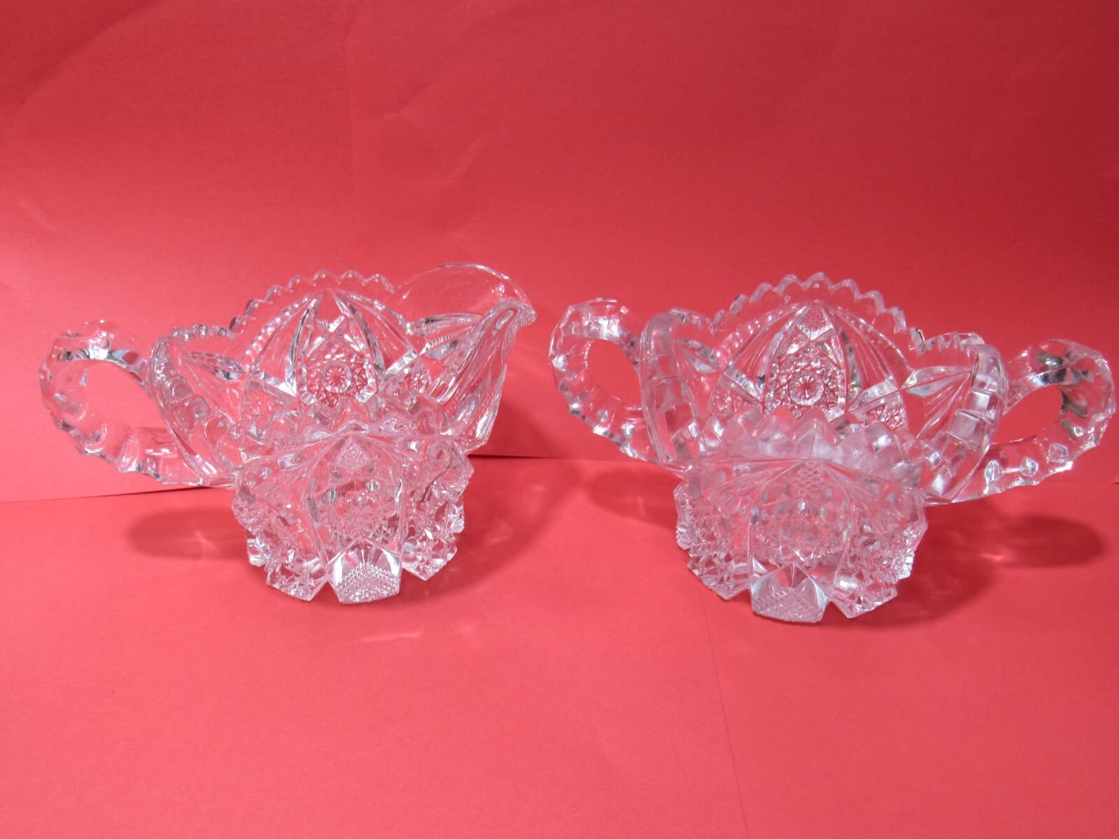 Vintage Heavy Crystal Etched Glass Sawtooth Edge Creamer and Sugar PItcher O97M