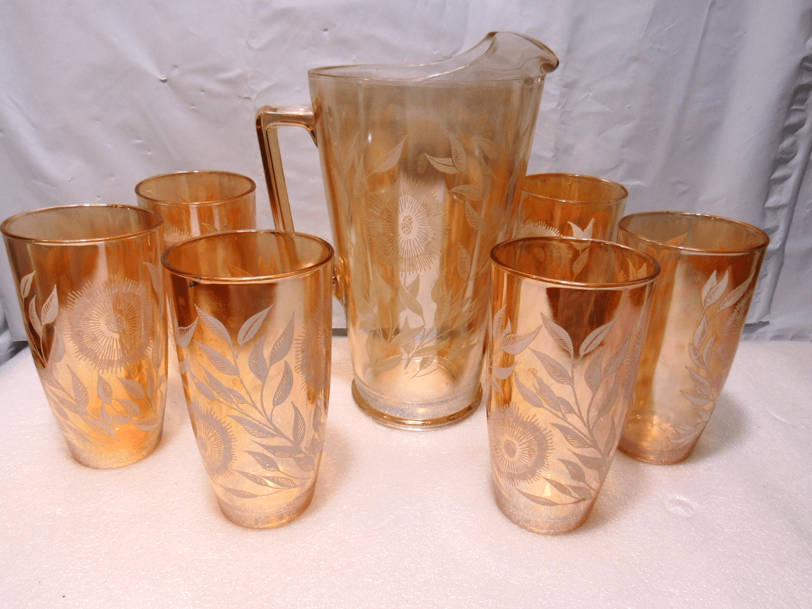 Vintage JEANETTE 1950s Marigold Carnival Glass Pitcher/6 Cups White Cosmos U38JJ