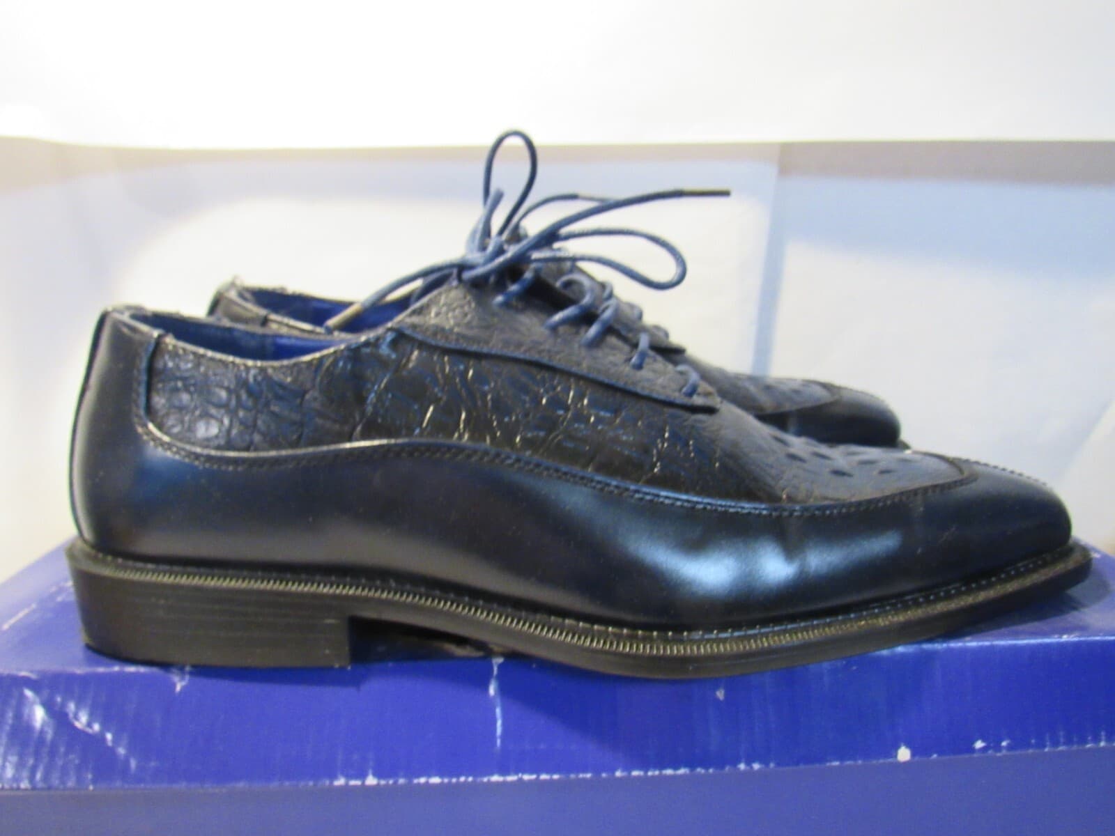 ROBERTO CHILLINI STATUS Men Oxford Dress Shoe Navy Embossed Crocodile Sz 8.5 J43