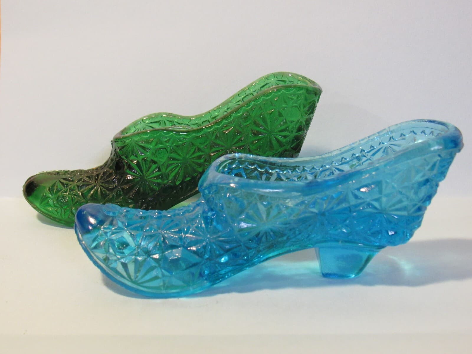 2 Fenton Art Glass Mini Slipper Shoe Boot Blue Green Daisy and Button Z78M