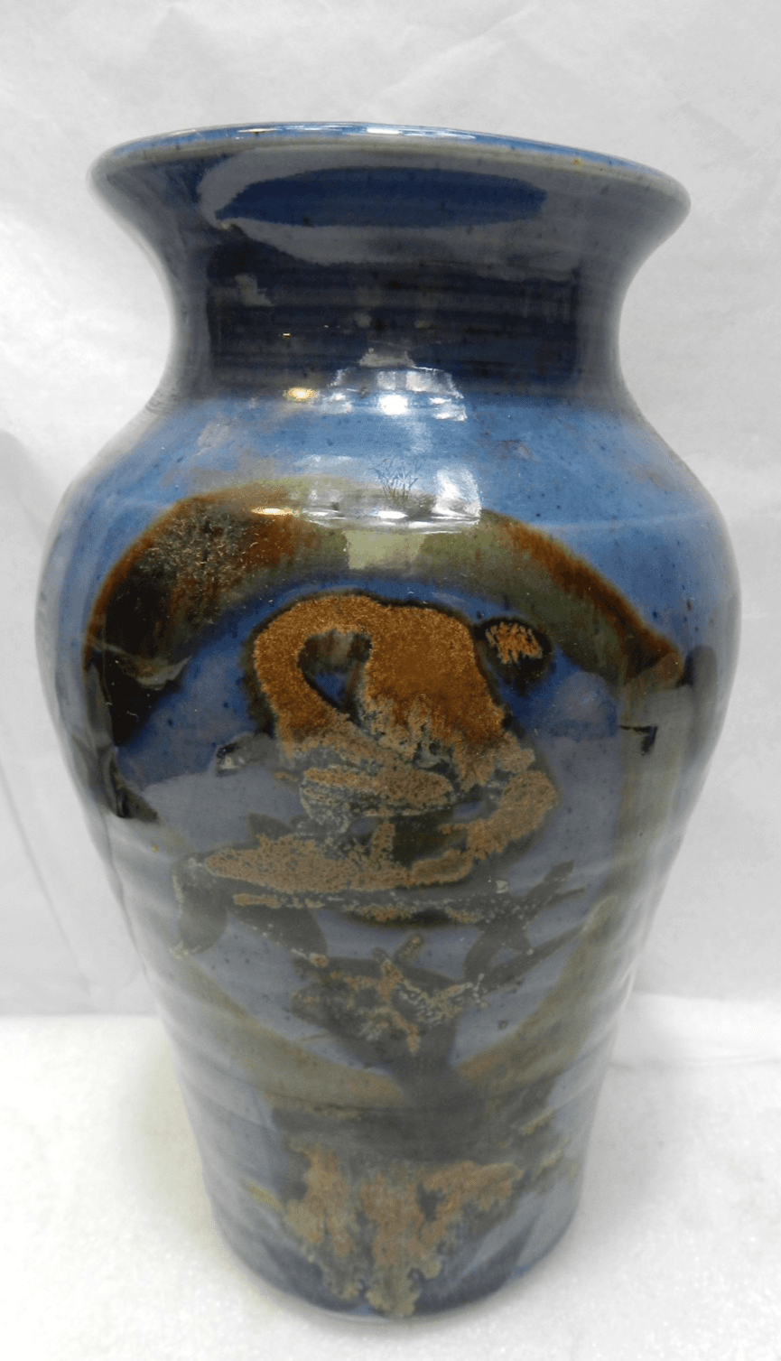 Studio Art Pottery Vase Signed Beautiful Glaze Blues and Browns 8.5" Tall (K13J)