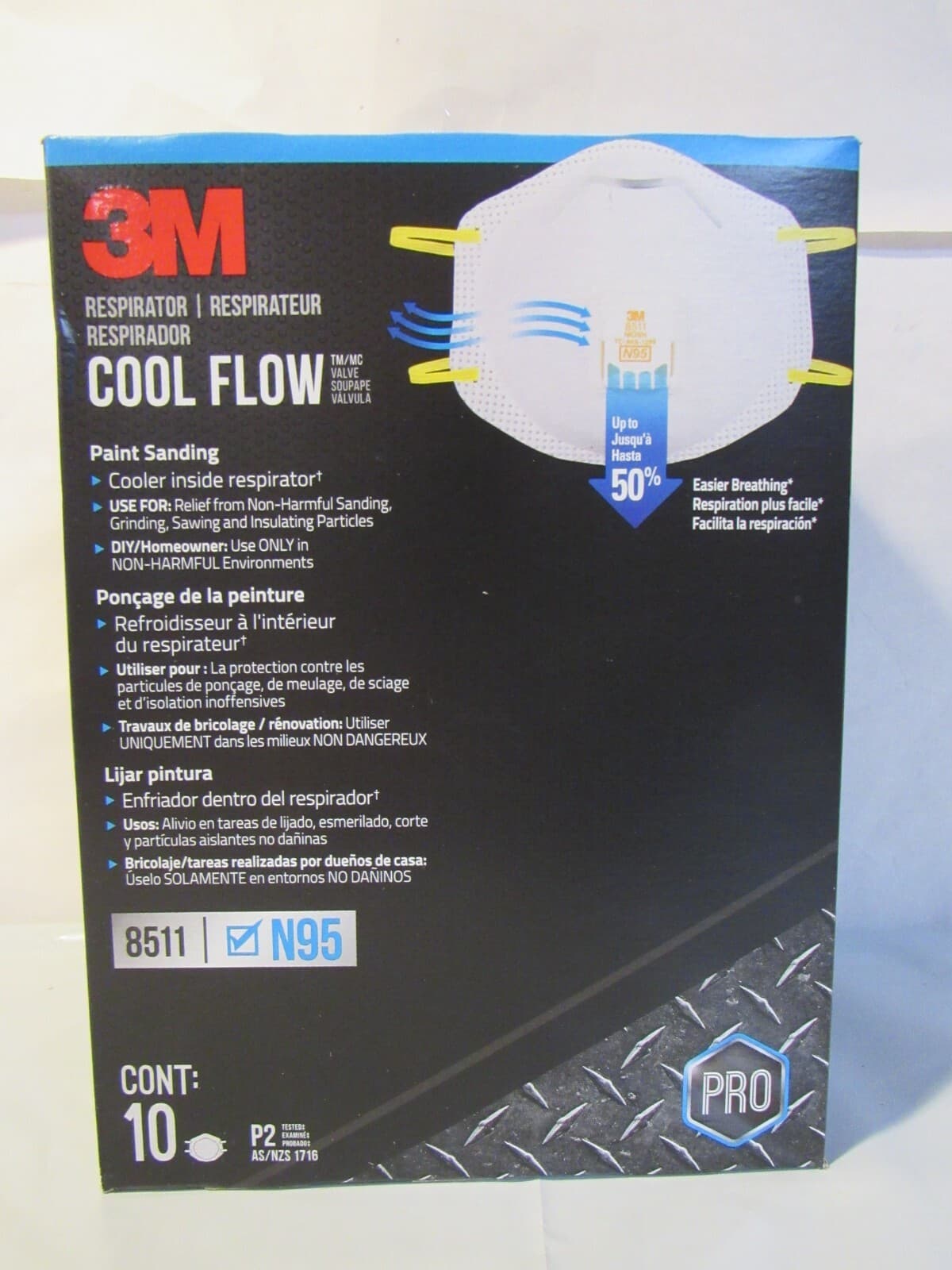 3M Cool Flow 8511 PRO Series N95 Respirator Paint Sanding Dust 10 Pack Z90K